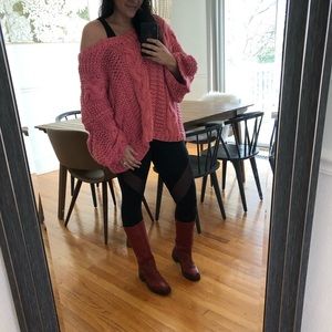 oversized pink off the shoulder sweater